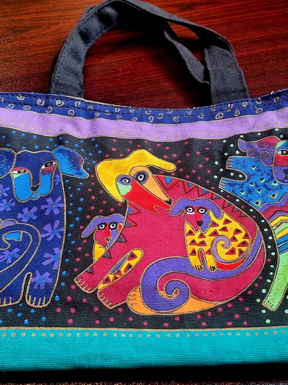 Artistic Dog Print Tote BVintage Laurel Burch "Dogs & Doggies" Canvas Small Tote